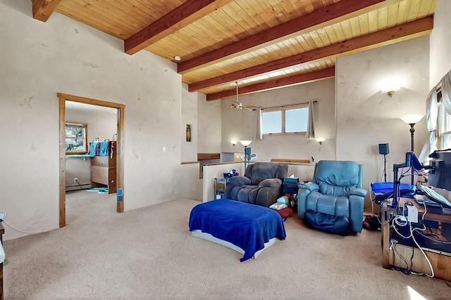 26 Apache Creek Rd, Santa Fe, NM 87505 - living area with wood ceiling, beamed ceiling, and carpet flooring