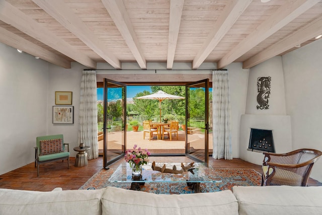 127 County Road 84, Santa Fe, NM 87506 - living area with beamed ceiling, hardwood / wood-style flooring, and wood ceiling