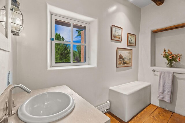 127 County Road 84, Santa Fe, NM 87506 - bathroom featuring a sink, a baseboard radiator, and wood finished floors
