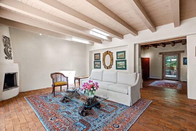 127 County Road 84, Santa Fe, NM 87506 - living room with brick flooring, beamed ceiling, baseboard heating, and wooden ceiling