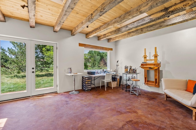 127 County Road 84, Santa Fe, NM 87506 - office area with finished concrete floors, beam ceiling, french doors, and wooden ceiling
