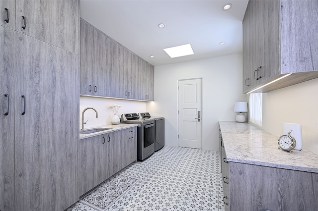 3289 Monte Sereno, Santa Fe, NM 87506 - laundry room featuring cabinet space, washer and clothes dryer, recessed lighting, and light flooring
