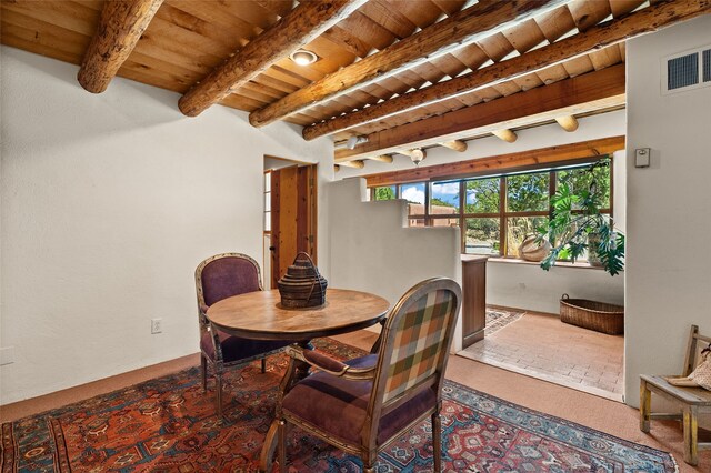 17 Tano W, Santa Fe, NM 87506 - dining room with wood ceiling with exposed beams and carpet