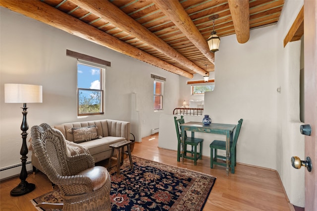 17 Tano W, Santa Fe, NM 87506 - living room with wooden ceiling with exposed beams, healthy amount of natural light, wood finished floors, and a baseboard radiator