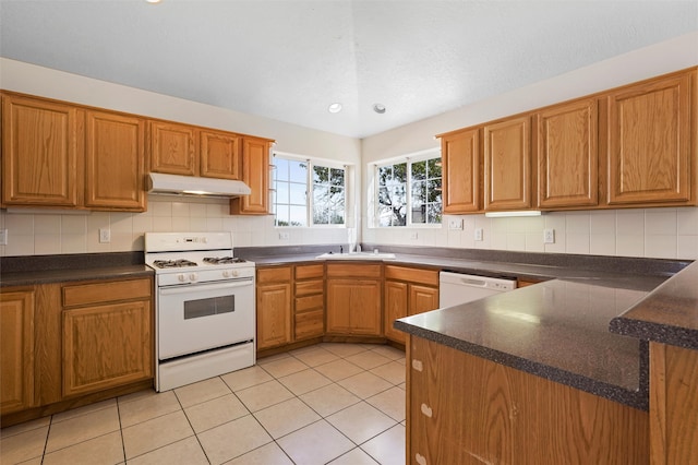 1905 Mendius, Los Alamos, NM 87544 - kitchen with white appliances, under cabinet range hood, a sink, and dark countertops