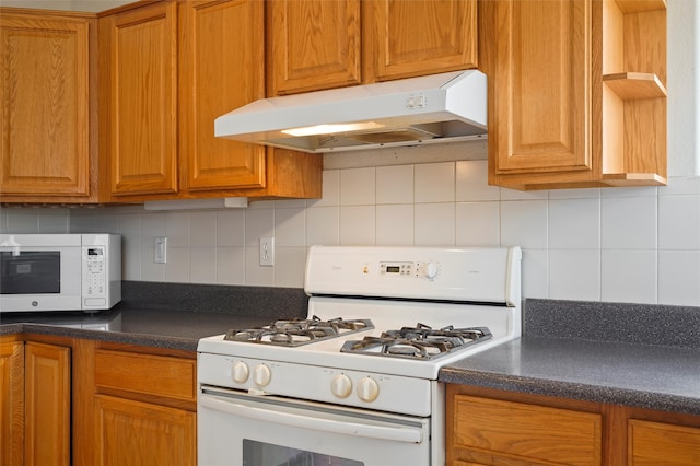 1905 Mendius, Los Alamos, NM 87544 - kitchen with white appliances, under cabinet range hood, tasteful backsplash, and dark countertops