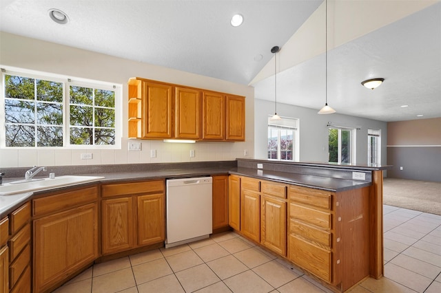 1905 Mendius, Los Alamos, NM 87544 - kitchen with dishwasher, a sink, a peninsula, dark countertops, and light tile patterned flooring