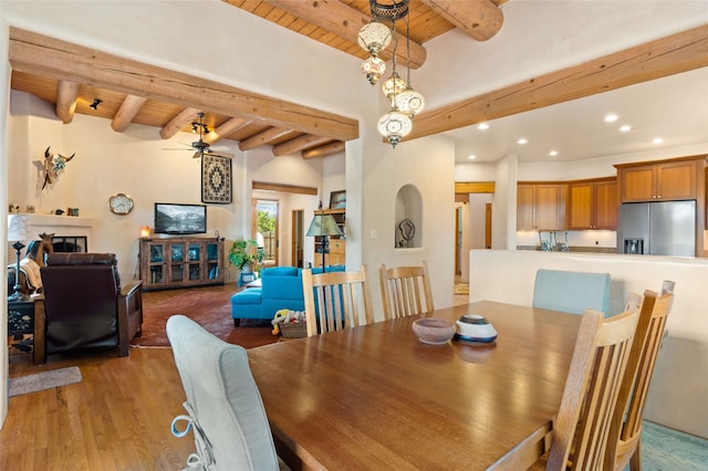2 Tierra Grande, Santa Fe, NM 87506 - dining area featuring wood ceiling with exposed beams, light wood-style flooring, recessed lighting, and a ceiling fan
