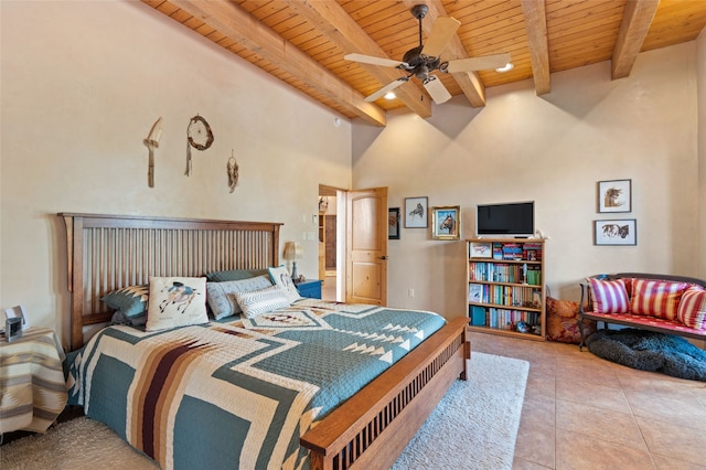 2 Tierra Grande, Santa Fe, NM 87506 - tiled bedroom featuring wooden ceiling with exposed beams, a towering ceiling, and ceiling fan