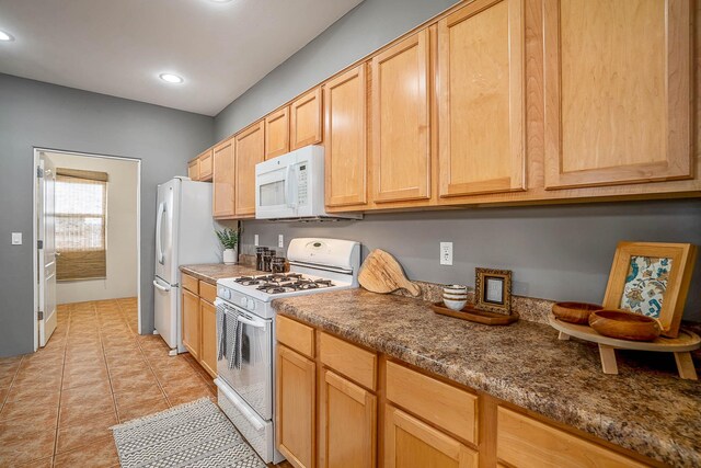 4548 Contenta Rdg, Santa Fe, NM 87507 - kitchen featuring white appliances, light brown cabinetry, recessed lighting, and light tile patterned floors