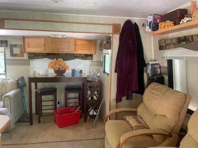 6 Rainbow Trout Ln, Pecos, NM 87552 - living room featuring wallpapered walls and light colored carpet