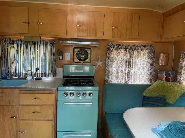 6 Rainbow Trout Ln, Pecos, NM 87552 - kitchen with gas range oven, a sink, extractor fan, and light countertops