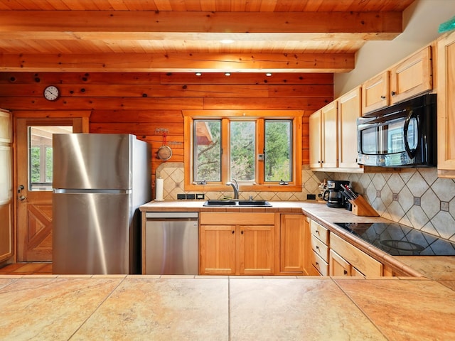 125 Apache Canyon Trl, Santa Fe, NM 87505 - kitchen with black appliances, a sink, decorative backsplash, wood ceiling with exposed beams, and tile countertops