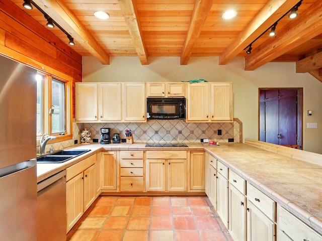 125 Apache Canyon Trl, Santa Fe, NM 87505 - kitchen featuring black appliances, a sink, rail lighting, wooden ceiling with exposed beams, and tasteful backsplash