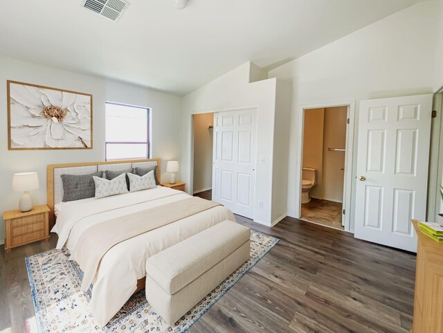 421 Maple Ave, Chama, NM 87520 - bedroom featuring lofted ceiling, dark wood finished floors, ensuite bath, a closet, and baseboards