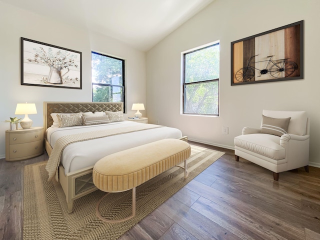 421 Maple Ave, Chama, NM 87520 - bedroom featuring lofted ceiling, multiple windows, wood finished floors, and baseboards