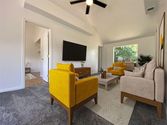 421 Maple Ave, Chama, NM 87520 - living area with carpet flooring, ceiling fan, vaulted ceiling, and baseboards
