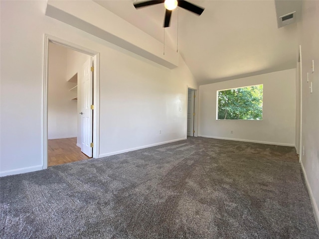 421 Maple Ave, Chama, NM 87520 - spare room with carpet floors, ceiling fan, baseboards, and high vaulted ceiling