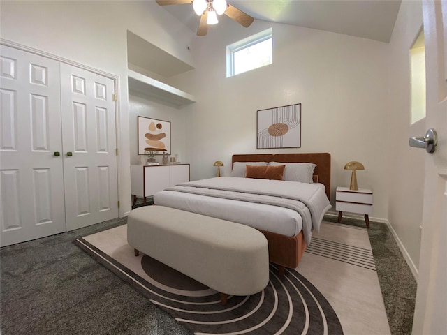 421 Maple Ave, Chama, NM 87520 - carpeted bedroom featuring high vaulted ceiling, a closet, ceiling fan, and baseboards