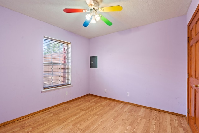 1024 Camino Vista Aurora, Santa Fe, NM 87507 - spare room featuring light wood-type flooring, baseboards, ceiling fan, electric panel, and a textured ceiling
