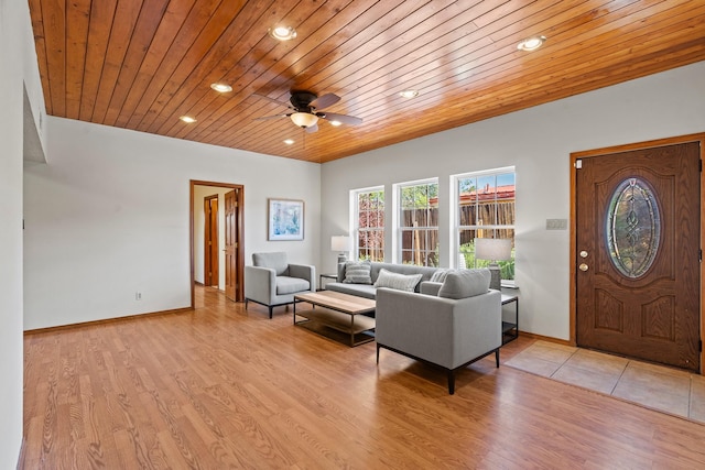 1024 Camino Vista Aurora, Santa Fe, NM 87507 - living area featuring wooden ceiling, a ceiling fan, recessed lighting, light wood-style floors, and baseboards