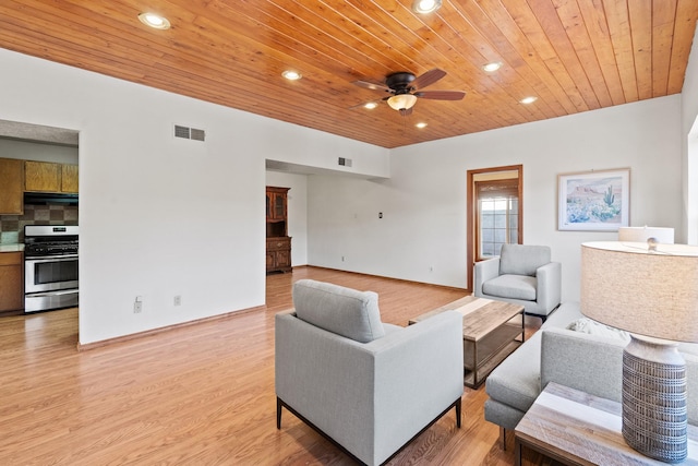 1024 Camino Vista Aurora, Santa Fe, NM 87507 - living area featuring wood ceiling, a ceiling fan, recessed lighting, light wood-type flooring, and baseboards