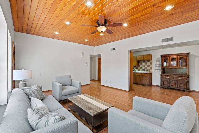 1024 Camino Vista Aurora, Santa Fe, NM 87507 - living room with wood ceiling, ceiling fan, recessed lighting, light wood-type flooring, and baseboards