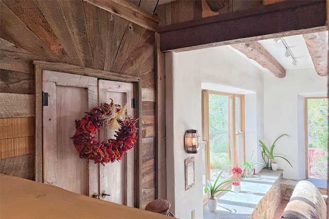 1330 Cerro Gordo Unit F, Santa Fe, NM 87501 - detailed view of wooden ceiling and rail lighting