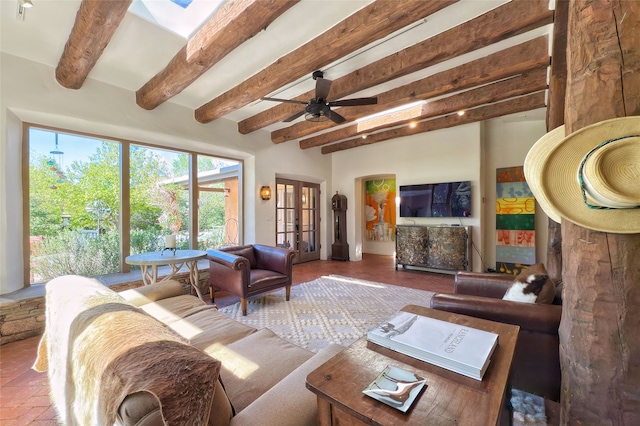 1330 Cerro Gordo Unit F, Santa Fe, NM 87501 - living area featuring beam ceiling, a ceiling fan, and french doors