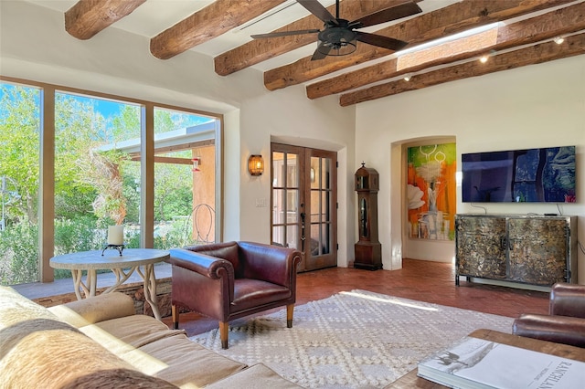 1330 Cerro Gordo Unit F, Santa Fe, NM 87501 - living room featuring french doors, beamed ceiling, and ceiling fan