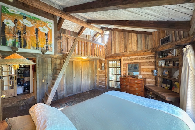 1330 Cerro Gordo Unit F, Santa Fe, NM 87501 - bedroom with wood walls, high vaulted ceiling, and beamed ceiling