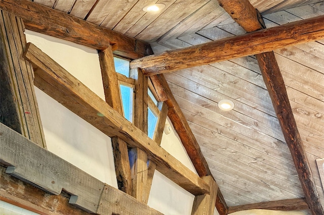1330 Cerro Gordo Unit F, Santa Fe, NM 87501 - detailed view of wooden ceiling with exposed beams and recessed lighting