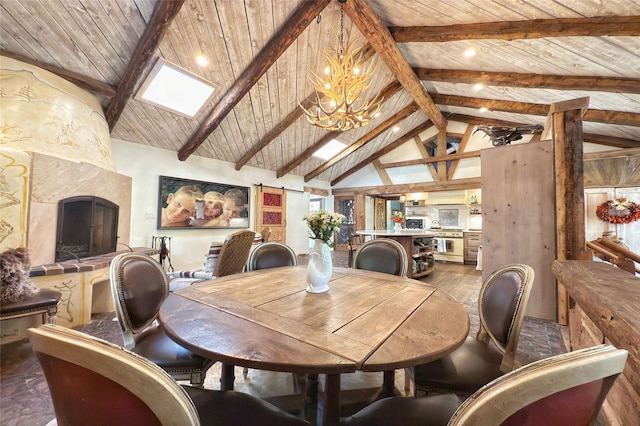 1330 Cerro Gordo Unit F, Santa Fe, NM 87501 - dining area featuring a chandelier, wood ceiling, and wood finished floors