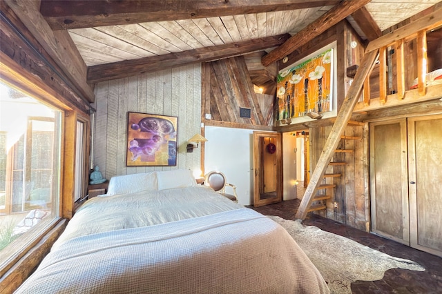 1330 Cerro Gordo Unit F, Santa Fe, NM 87501 - bedroom featuring wooden ceiling with exposed beams, wooden walls, and high vaulted ceiling