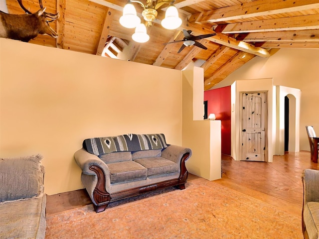 488 Old Denver Hwy, Glorieta, NM 87535 - living area featuring wood ceiling with exposed beams, a chandelier, a ceiling fan, and high vaulted ceiling