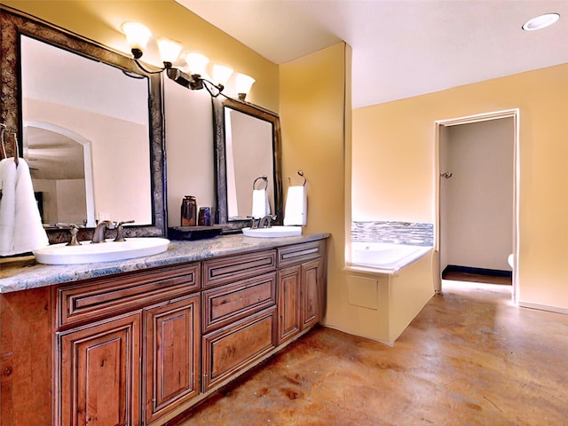 488 Old Denver Hwy, Glorieta, NM 87535 - full bath featuring double vanity, a garden tub, and finished concrete floors