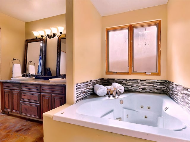 488 Old Denver Hwy, Glorieta, NM 87535 - bathroom featuring double vanity, a jetted tub, and concrete floors