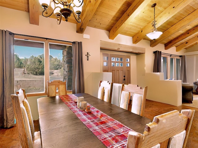 488 Old Denver Hwy, Glorieta, NM 87535 - dining space featuring wood ceiling with exposed beams, a chandelier, and wood finished floors