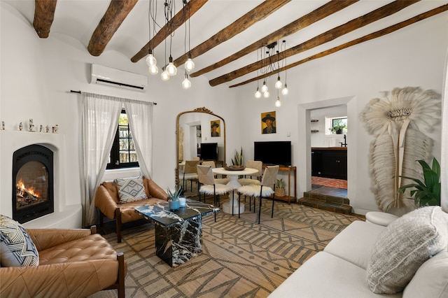 824 Dunlap St Unit A, Santa Fe, NM 87501 - living room with a warm lit fireplace, an AC wall unit, beamed ceiling, and a high ceiling
