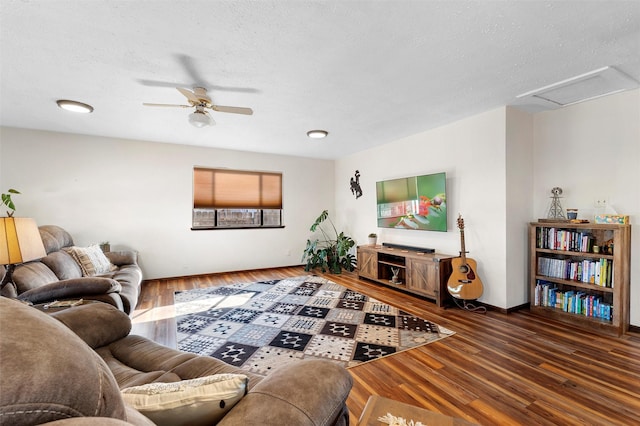 1043 Cheyenne, Los Alamos, NM 87544 - living room with ceiling fan, wood finished floors, attic access, and a textured ceiling