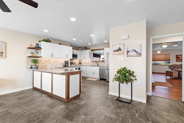 1043 Cheyenne, Los Alamos, NM 87544 - kitchen featuring appliances with stainless steel finishes, a ceiling fan, a sink, a peninsula, and open shelves