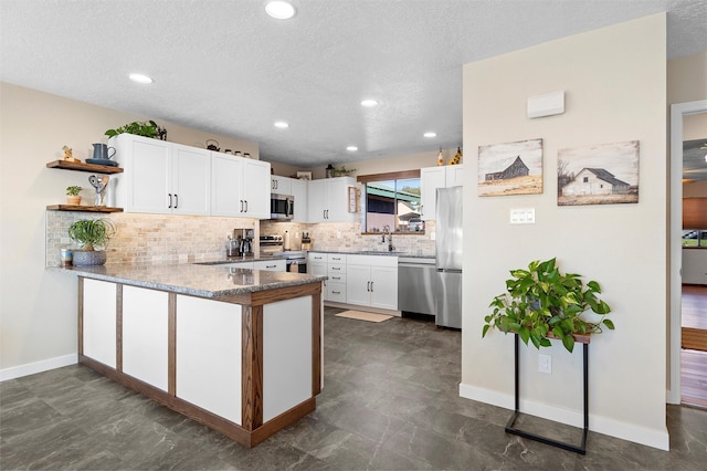 1043 Cheyenne, Los Alamos, NM 87544 - kitchen featuring stainless steel appliances, a sink, a peninsula, decorative backsplash, and open shelves