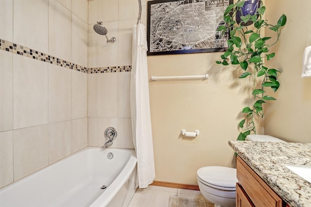 444 Aragon, White Rock, NM 87547 - bathroom featuring toilet, vanity, baseboards, shower / tub combo with curtain, and tile patterned floors