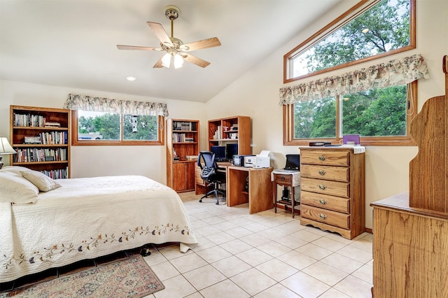 444 Aragon, White Rock, NM 87547 - bedroom with an office area, light tile patterned floors, a ceiling fan, and high vaulted ceiling