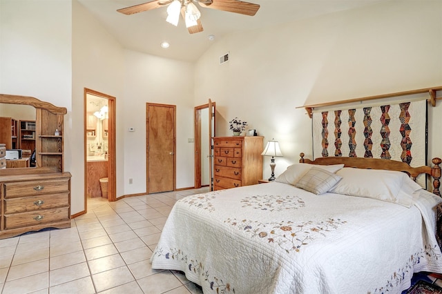444 Aragon, White Rock, NM 87547 - bedroom featuring high vaulted ceiling, light tile patterned floors, connected bathroom, a ceiling fan, and baseboards