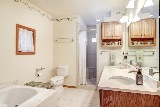 444 Aragon, White Rock, NM 87547 - bathroom featuring tile patterned floors, a stall shower, toilet, a whirlpool tub, and double vanity