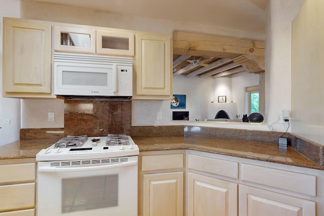 425 Calle Kokopelli, Santa Fe, NM 87501 - kitchen featuring white appliances, light brown cabinets, tasteful backsplash, a ceiling fan, and glass insert cabinets