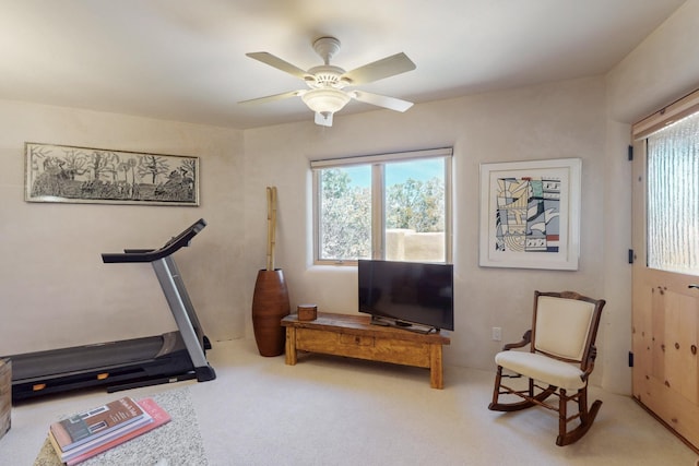 425 Calle Kokopelli, Santa Fe, NM 87501 - exercise room with a ceiling fan and carpet
