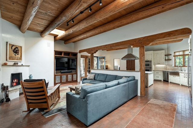 1050 Sierra Del Norte, Santa Fe, NM 87501 - living area featuring wood ceiling with exposed beams, a lit fireplace, and rail lighting