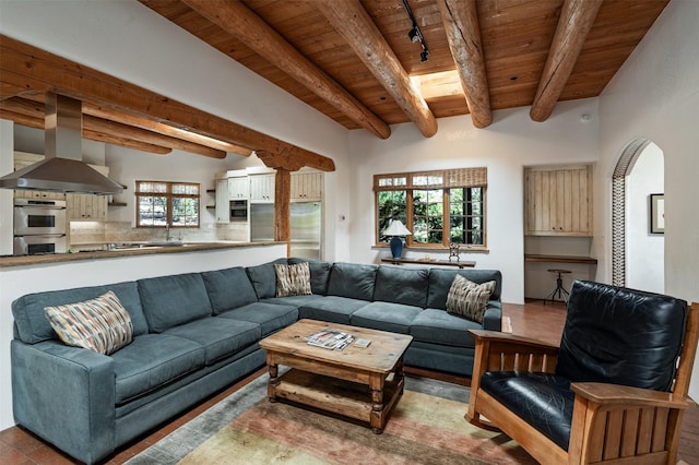 1050 Sierra Del Norte, Santa Fe, NM 87501 - living area with wooden ceiling with exposed beams